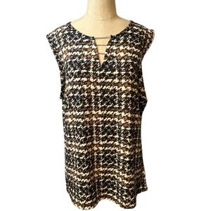 Como Black Womens XL Houndstooth Blouse Brown Black Rhinestone Neck NWT